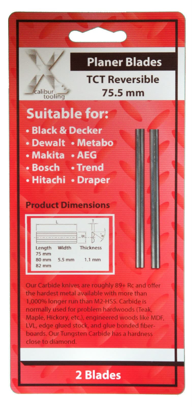 75mm Fit Black & Decker DN750 SR600 BD750 710 Carbide Planer Blades also fit Bosch 0590 1590 Trend PB28, Mafell HU75 TCT 1 Pair by Xcalibur Tooling Durable TCT Planer Knives with Two Cutting Edges