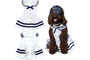 Parisian Pet Dog Dress - Lightweight Sailor Outfit - Breathable Summer Clothes - Pure Cotton White & Blue Dressy Outfit - Medium Dog Girl Dress