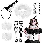 7pcs Halloween Jester Clown Costume Accessories Women Black White Clown Hat Headband Neck Wrist Ruffle Collar Sock Face Jewel