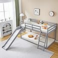 JOYMOR Bunk Bed with Curved Slide, Bunk Bed Twin Over Twin, Toddler Bunk Bed with Slide and Angled Ladder, Solid Pine Wood Slide Bed,14" Safety Guardrail, Anti-Slip Steps