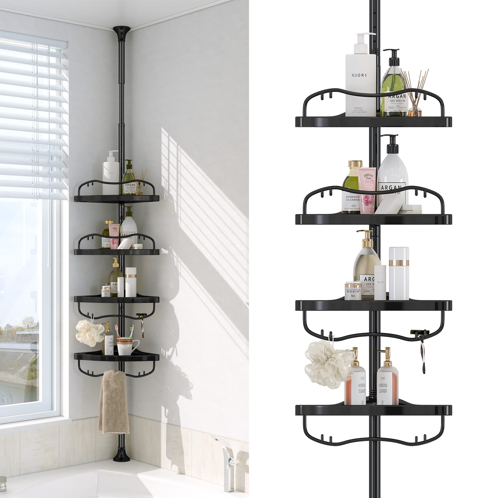 Photo 1 of Corner Shower Caddy Tension Pole - Heavy Duty Floor to Ceiling Shower Organizer Tension Pole with 4 Shelves,54"-114” Adjustable Rustproof Stand Rack for Bathtub,Bathroom,Dorm,RV - Black