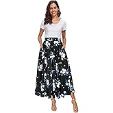Sinono Women Elastic High Waist A Line Floral Print Swing Chiffon Beach Midi Long Skirt with Pockets