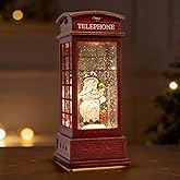 Large Snow Globes, Snowman Christmas Lantern,Glitter Vintage Phone Booth, 8 Songs, 6H Timer Battery & USB Powered, Music Box for Christmas Table Decorations