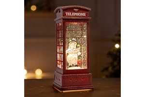 SUNFACE Large Snow Globes, Snowman Christmas Lantern,Glitter Vintage Phone Booth, 8 Songs, 6H Timer Battery & USB Powered, Music Box for Christmas Table Decorations