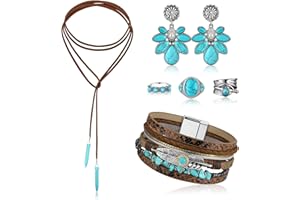 Ecally Bohemian Western Jewelry Turquoise Set Women Bohemian Pendant Long Choker Layered Bracelets Turquoise Earrings Gemstone Ring Cowboy Hat Concho Chain Belt