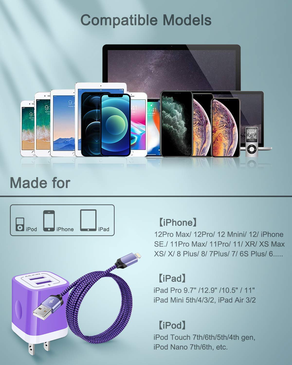 AILKIN iPhone Wall Charger & Lightning Cable, Apple MFI Certified Braided Phone Charger Cord, Fast Charging Powerline USB Plug Adapter for iPhone 14/13/12 Pro Max/SE/11/11 Pro/XS/XR/8/7/6S Plus, iPad