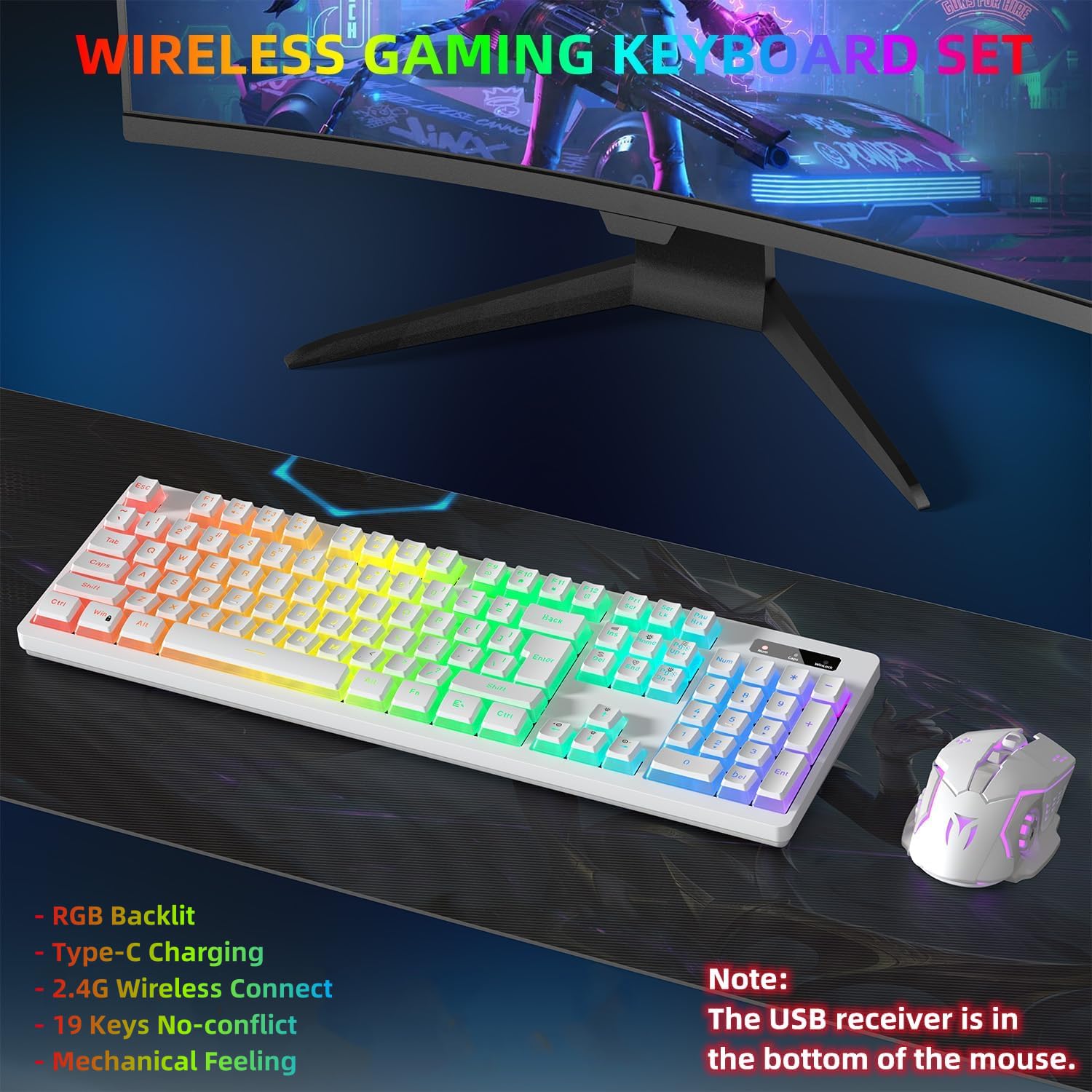 Wireless Gaming Keyboard and Mouse Combo - RGB Backlit, Rechargeable, Ergonomic, for Gaming Work, Long-Lasting Built-in Battery (White)