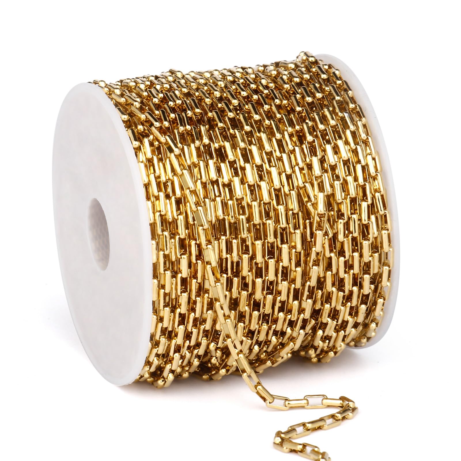 Photo 1 of 33 Feet Gold Rolo Box Chain Bulk, 2mm 18K Gold PVD Plated 304 Stainless Steel Square Link Cable Chains Roll Spool for Jewelry Making DIY Craft