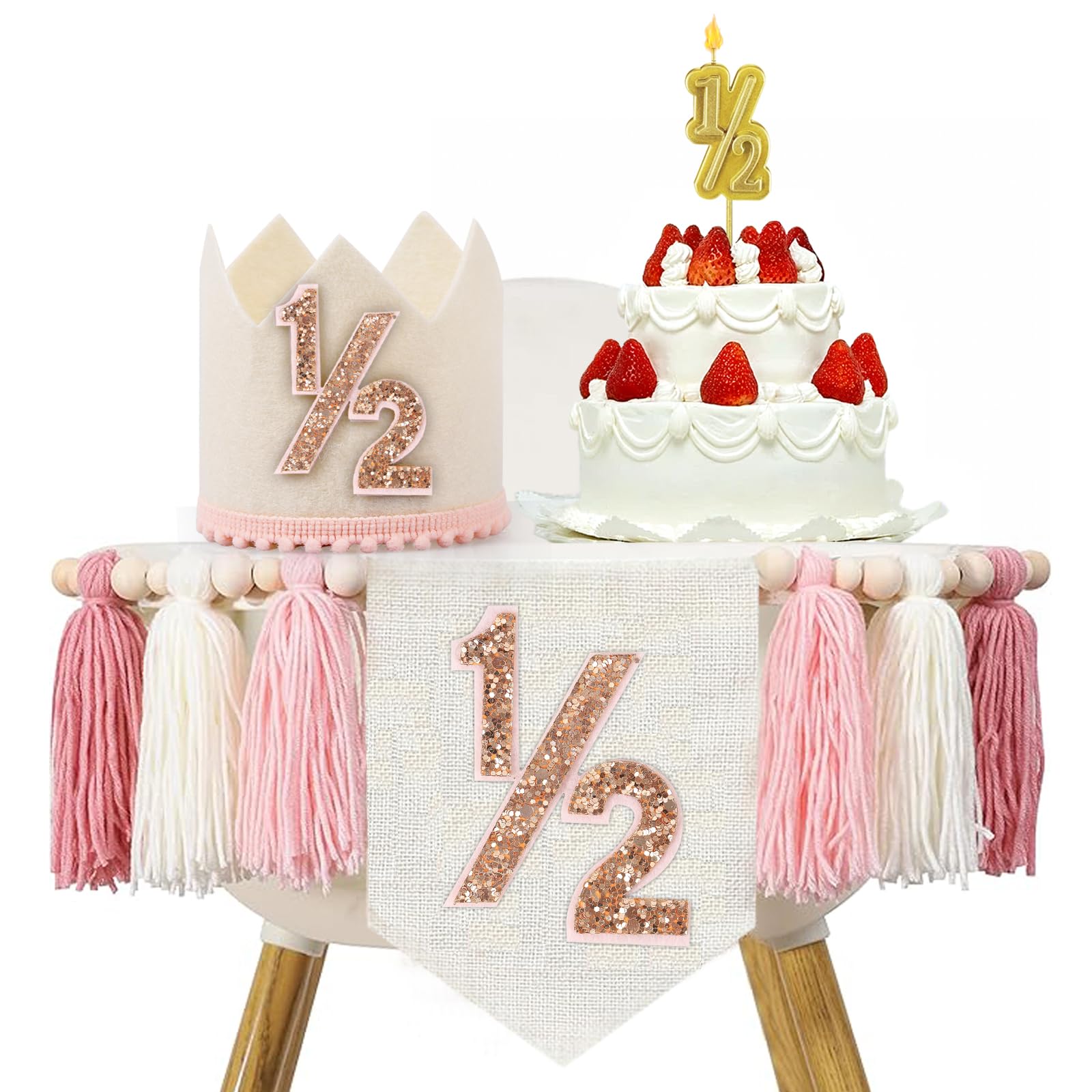 Photo 1 of 1/2 Birthday Girl, Half Birthday Decorations, 6 Month High Chair Banner, Bling Party Decorations Set With Handmade Cake Candle Crown Hat (Pink)