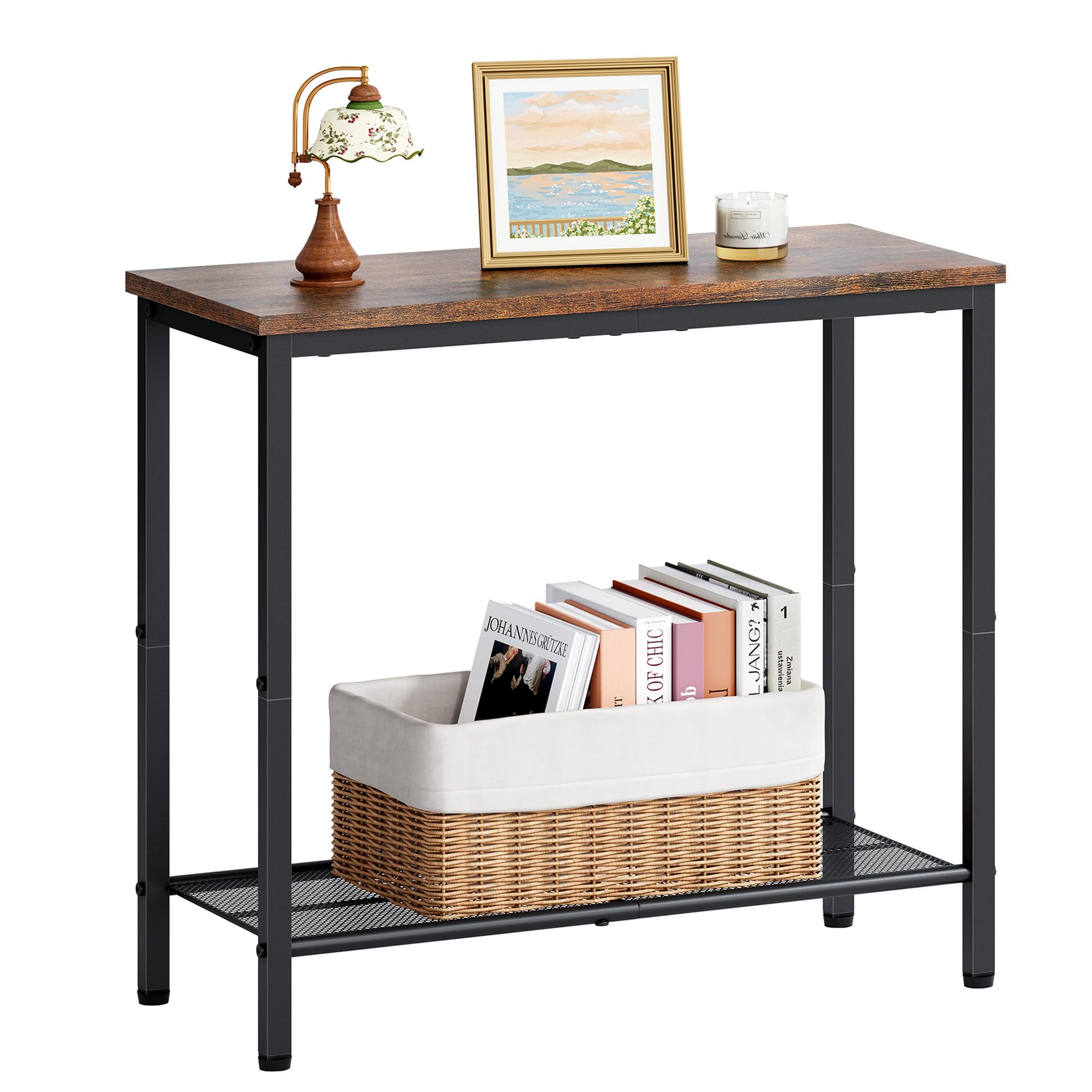 Photo 1 of Hoctieon 2 Tier End Table, Sofa Side Table, Narrow Side Table with Storage, Slim Nightstand for Small Spaces, Metal Frame, for Living Room, Bedroom, Sofa Couch, Hall, Rustic Brown