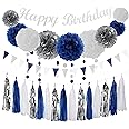 Navy Blue & Silver Birthday Decorations Kit - 27 Piece Party Set With Banner & Pom Poms