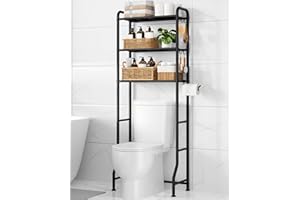 Kitsure Over Toilet Storage Rack - Metal Over Toilet Bathroom Organizer Shelf, Over The Toilet Storage Cabinet with Paper Holder and Hooks, Bathroom Cabinet for Laundry, Black, 3 Tiers (63.2" H)