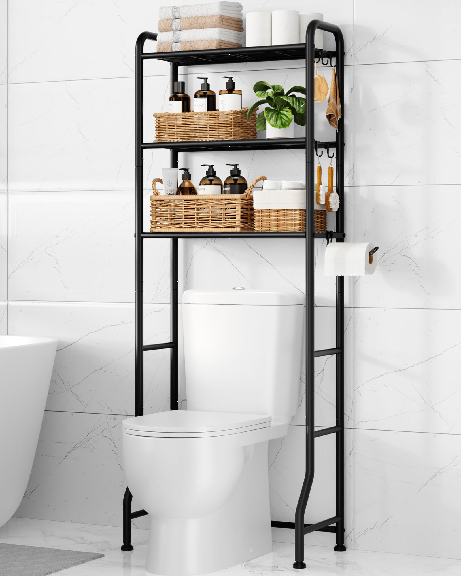 Photo 1 of Kitsure Over Toilet Storage Rack - Metal Over Toilet Bathroom Organizer Shelf, Over The Toilet Storage Cabinet with Paper Holder and Hooks, Bathroom Cabinet for Laundry, Black, 3 Tiers (63.2" H)