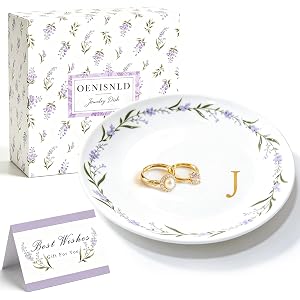 Oenisnld Ceramic Personalized Jewelry Dish Ring Holder Trinket Tray J | Initial Monogram Floral Ring Holder Jewelry Dish Tray