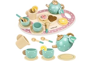 Airlab Wooden Tea Party Set for Girls Boys Pretend Play Kids Kitchen Accessories Food Toys with Teapots Cups Dessert Tray Tod