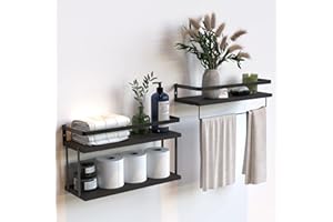 RICHER HOUSE 2+1 Tier Wall Mounted Floating Shelves Set of 2, Rustic Wood Wall Shelf with Metal Frame, Extra Storage Rack for Bathroom, Kitchen, Bedroom with Tissue Rack & Towel Bar - Black