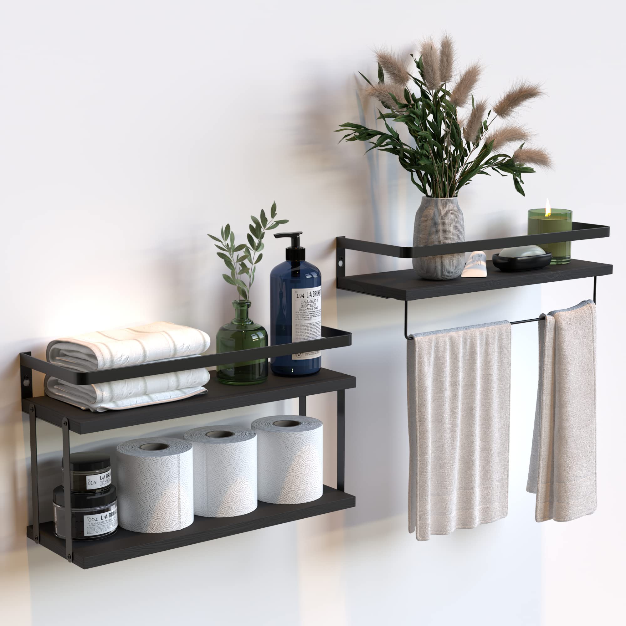 Photo 1 of RICHER HOUSE 2+1 Tier Wall Mounted Floating Shelves Set of 2, Rustic Wood Wall Shelf with Metal Frame, Extra Storage Rack for Bathroom, Kitchen, Bedroom with Tissue Rack & Towel Bar - Black