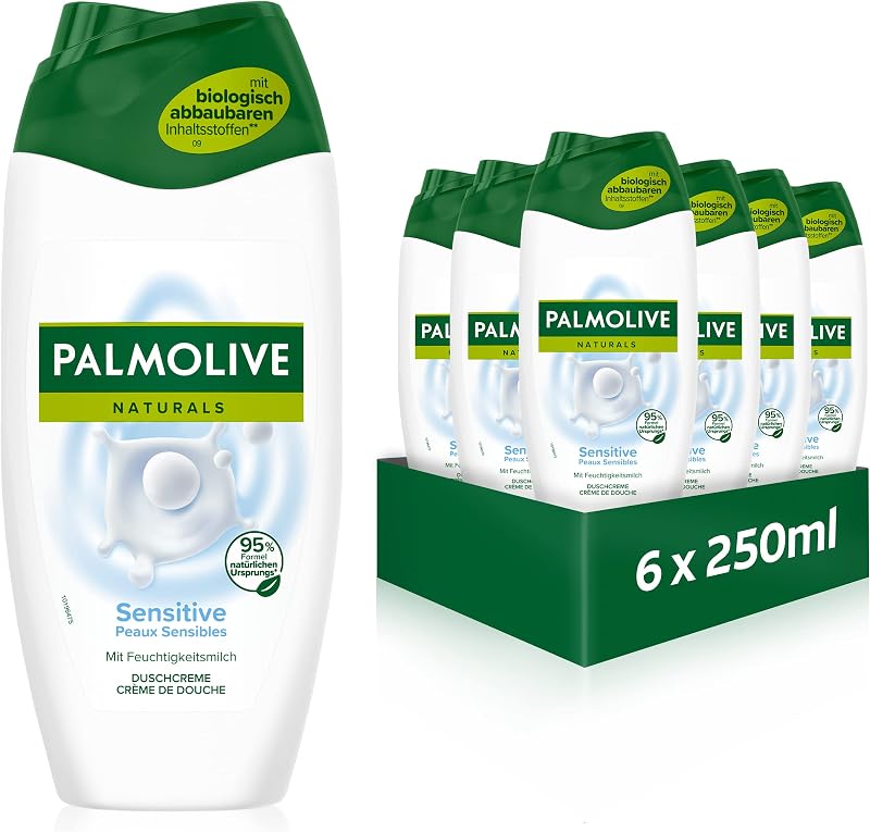 Gel de ducha, natural, para pieles sensibles, 6 x 250 ml, crema de ducha con leche hidratante