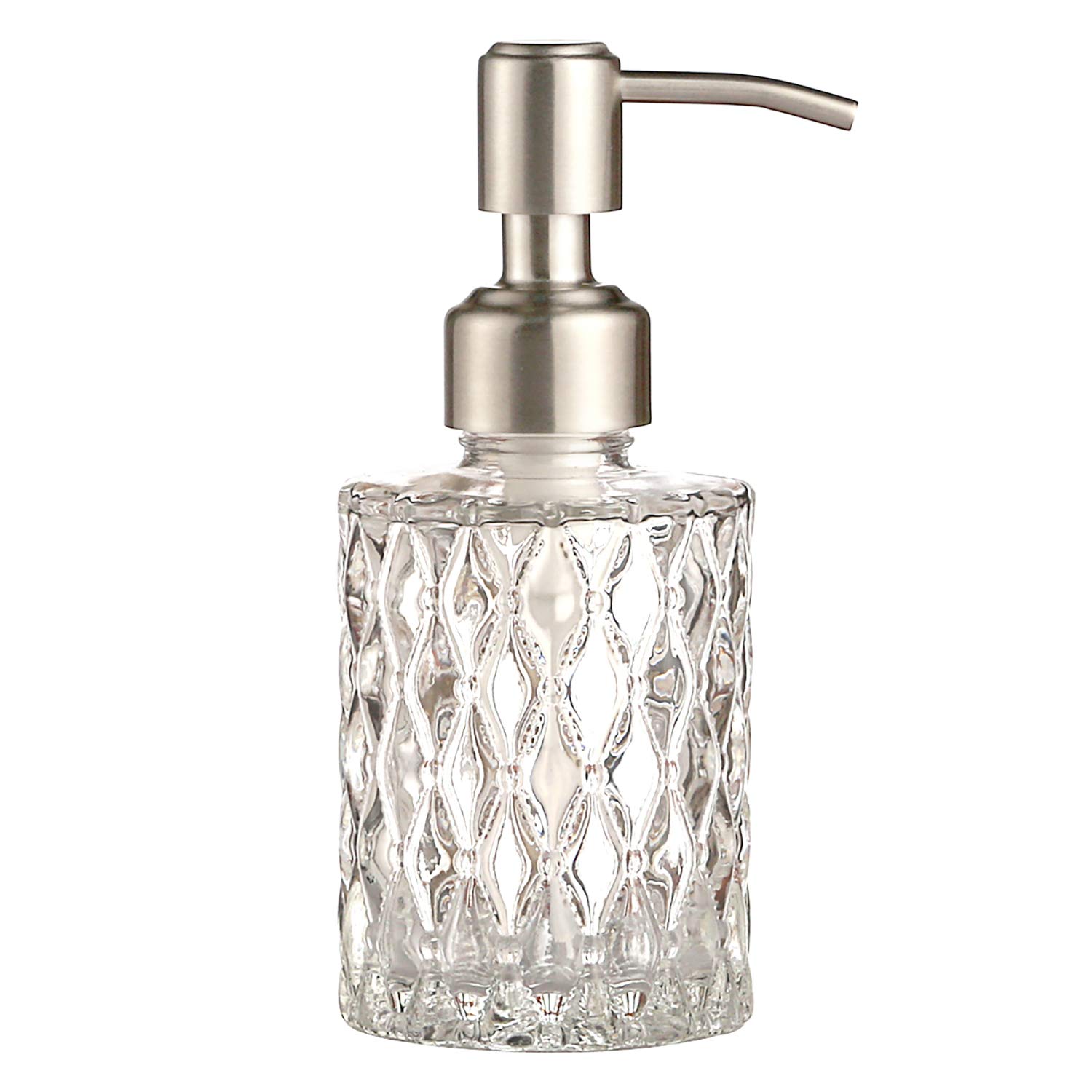 YunNasi Glass Soap Dispenser with Stainless Steel Pump, Clear Crystal Design, Vintage and Elegant, Refillable Liquid Hand Soap Dish Soap Dispensers for Bathroom Counter, Kitchen Sink (Style 2)