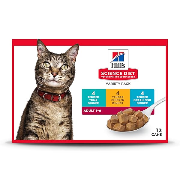 HILL’S SCIENCE DIET ADULT 1-6, ADULT 1-6 PREMIUM NUTRITION, WET CAT FOOD, VARIETY PACK: TUNA; CHICKEN; OCEAN FISH STEW, 5.5 OZ CAN VARIETY PACK, CASE OF 12