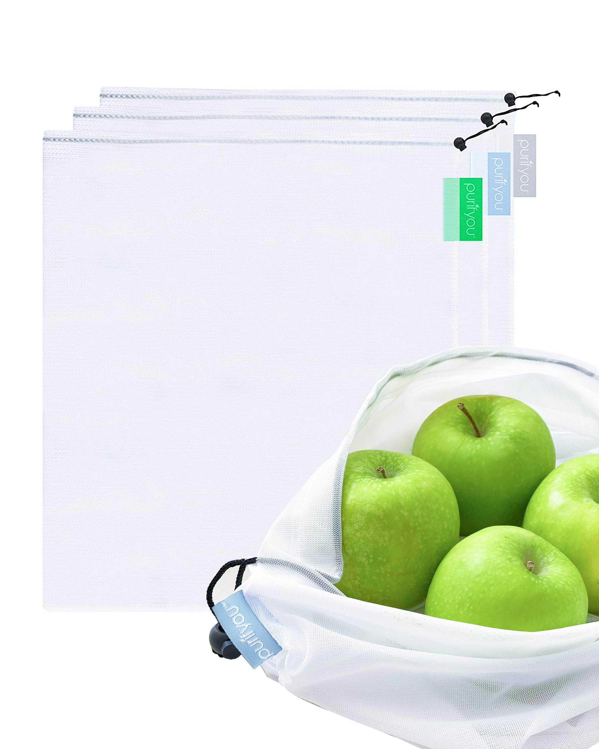 purifyou Premium Reusable Produce Bags - Set of 3 Large (12x14") | Reusable Grocery Bags | Reusable Gift Bag | Sustainable Gifts | for Food, Fruits, Vegetables, Groceries, Storage