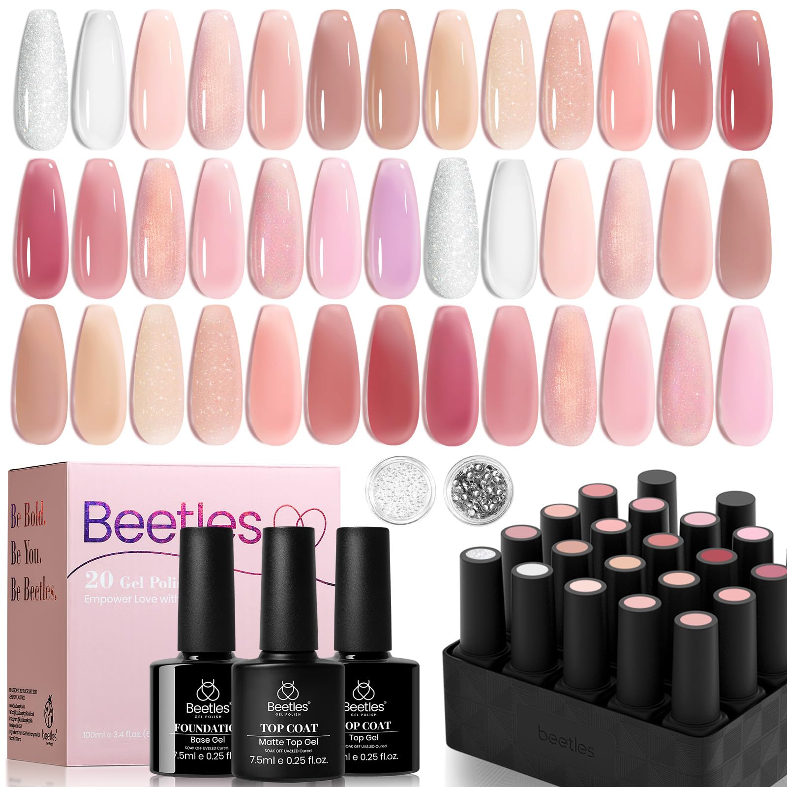 Beetles Pink Nude Gel Nail Polish Kit, 25PCS 20 Colors Neutral Jelly Pink Sheer Glitter White Gel Nail Kit Soak Off UV with Base Glossy Matte Top Coat Pearls Rhinestones Nail Charms Gift for Women