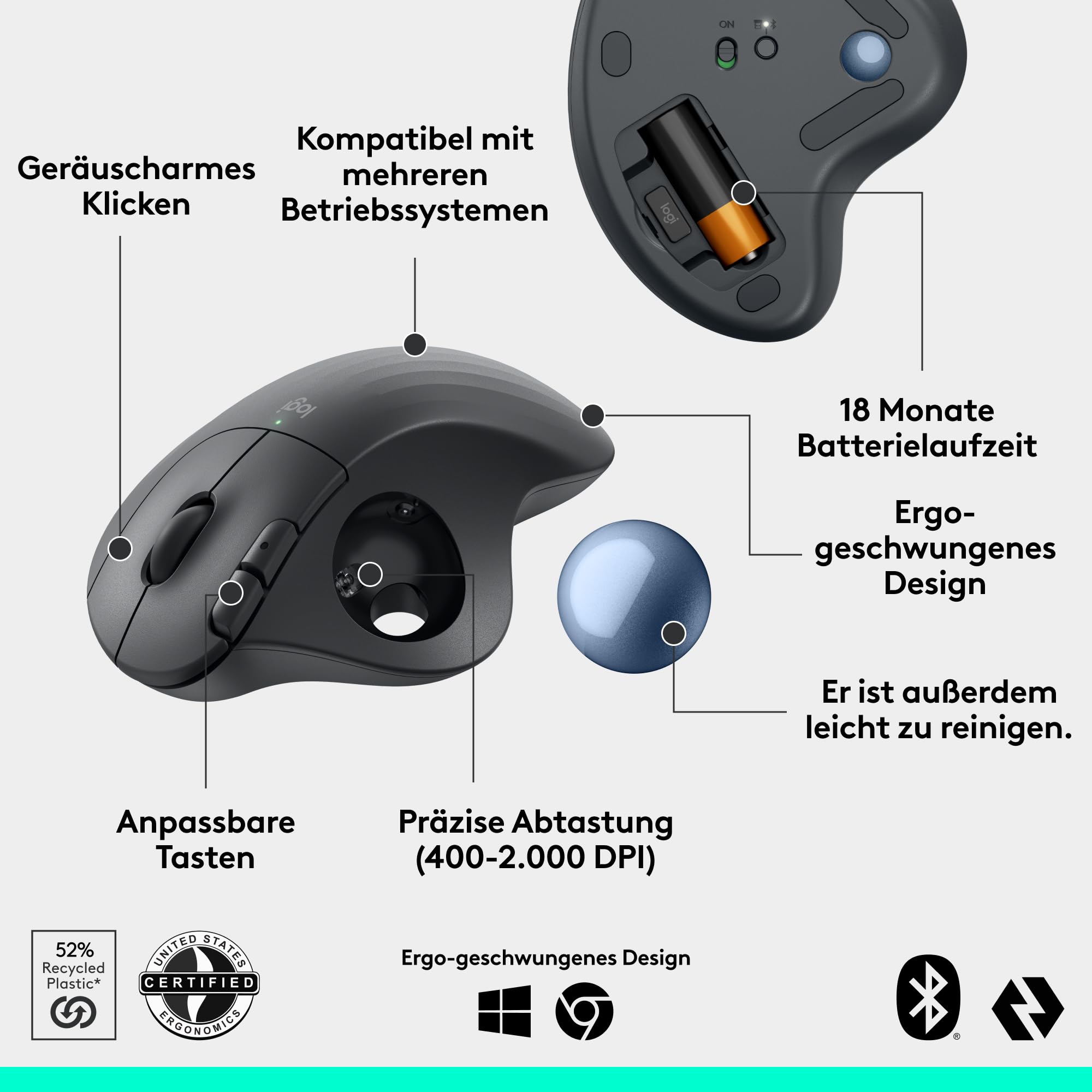 Logitech Ergo M575S kabellose Trackball-Maus, kabellose ergonomische Maus mit Bluetooth und verschlüsseltem Dongle, komfortable Daumensteuerung, für PC/Mac - Grafit 6