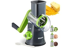 KITEXPERT Cheese Grater with Handle, Rotary Cheese Grater with 3 Interchangeable Blades, Cheese Shredder Handheld with Strong Suction Base, Vegetable Slicer for Fruit, Nuts, Chocolate(Grey)