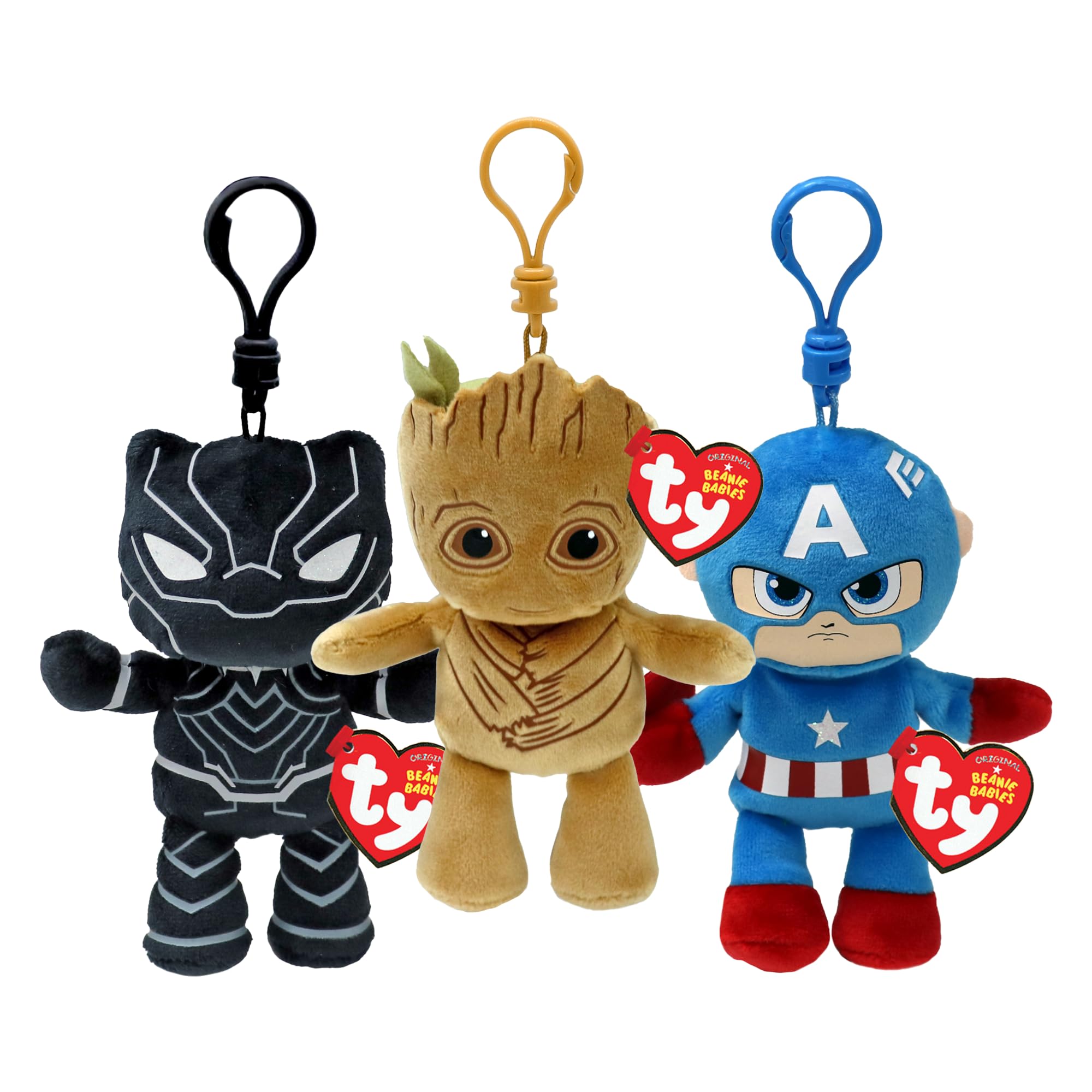 TY Marvel Clip Multipack - Black Panther, Captain America, Groot | Soft Plush Toys for Kids | Teddy & Baby Collectible Stuffed Plushies | Bag Clips — image 1