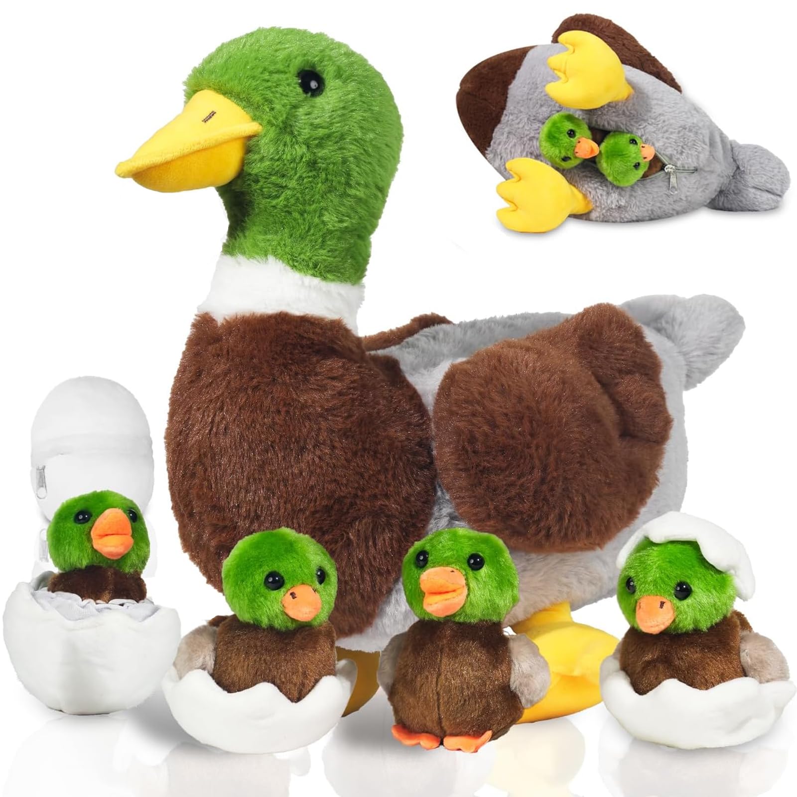 XYHQYB 7 Pcs Mallard Duck Stuffed Animals Plush Toys, 12“ Zippered Mommy Stuffed Duck with 4 Baby Ducklings and Eggs for Kids Birthday Easter Christmas Farm Party Decor