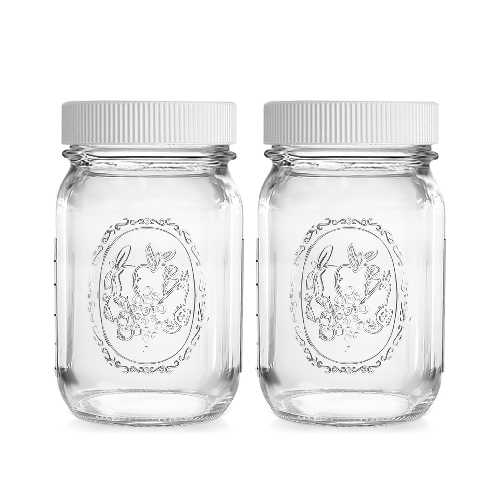 Photo 1 of Regular Mouth Mason Jars 16 oz - (2 Pack) - Regular Mouth 16-Ounces Pint Mason Jars with White M.E.M Food Storage Plastic Lids - For Storage, Canning, Freezing, Leak Proof, Microwave & Diswasher Safe