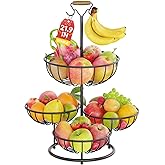 PouHenier.jh 4 Tier Fruit Bowl Basket with Banana Hangers, Kitchen Counter Metal Round Produce Holder, Stable Vegetable Countertop Stand Organizer, Corner Multi Tiered Storage Rack, Sturdy Base, Black
