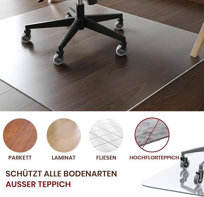 Bodenschutzmatte Bürostuhl Transparent [100x120cm] – 1,2mm PVC Schreibtischstuhl Unterlage für Hartböden, Parkett & Laminat – rutschfeste Stuhlunterlage, Fußbodenschutzmatte