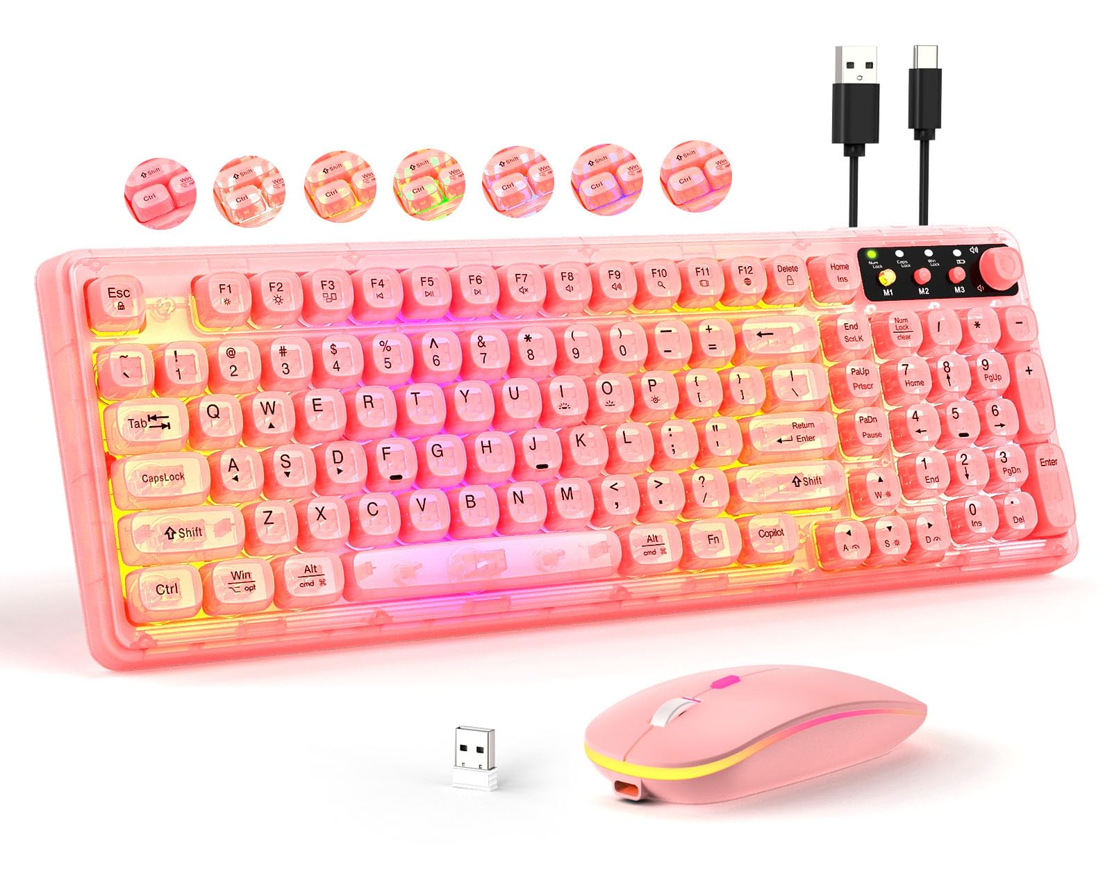 Pink Light Up Keyboard and Mouse Wireless,Cute 2.4Ghz Cordless Rechargeable Transparent Clear Backlit Keyboard,15 Backlight Effects,Volume Knob,RGB Mouse with 3 DPI for Mac Computer PC Laptop Desktop
