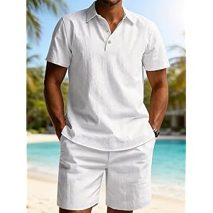Men's Linen Casual 2-Piece Outfit, Short Sleeve Polo Shirt and Shorts Set, Lightweight Summer Tracksuit