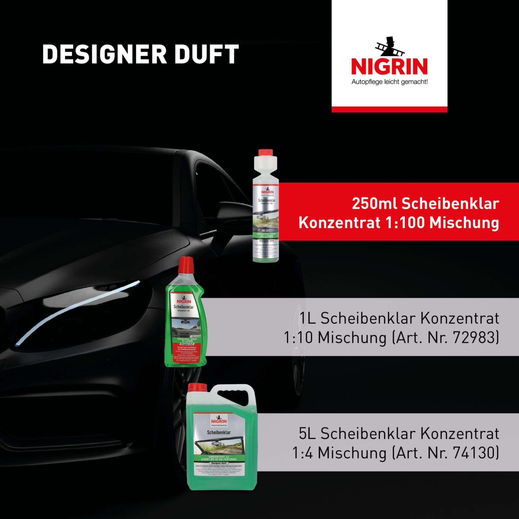 NIGRIN Performance Scheibenklar Konzentrat 1:100 Designer Duft | 250 ml | Reinigungszusatz für Autoscheiben und Scheinwerfer | entfernt Insekten, Öl, Fett | schlierenfrei | sehr ergiebig | ab 5°C 7