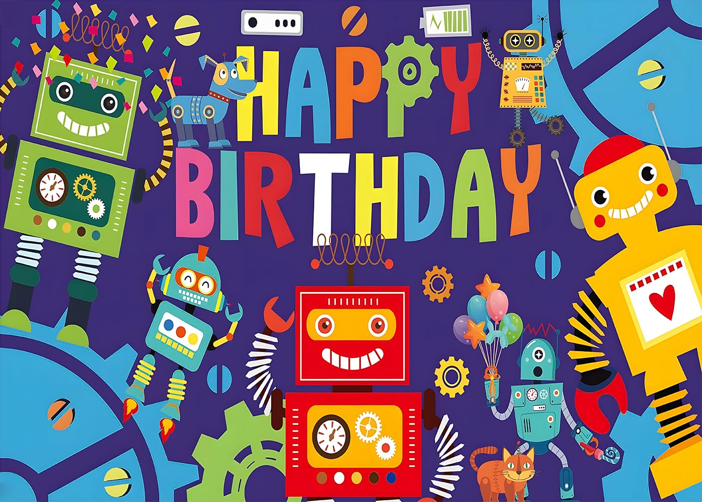 Photo 1 of DULUDA 7x5 FT Robot Birthday Party Backdrop Robot Gear Robot Kids Boys Birthday Party Photography Background Gear Up Robot Party Supplies Decorations Banner Photo Booth Props