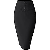 SEVEGO Women's Pencil Skirt Stretch High Waist Below Knee Bodycon for Office Casual with Patch Pockets