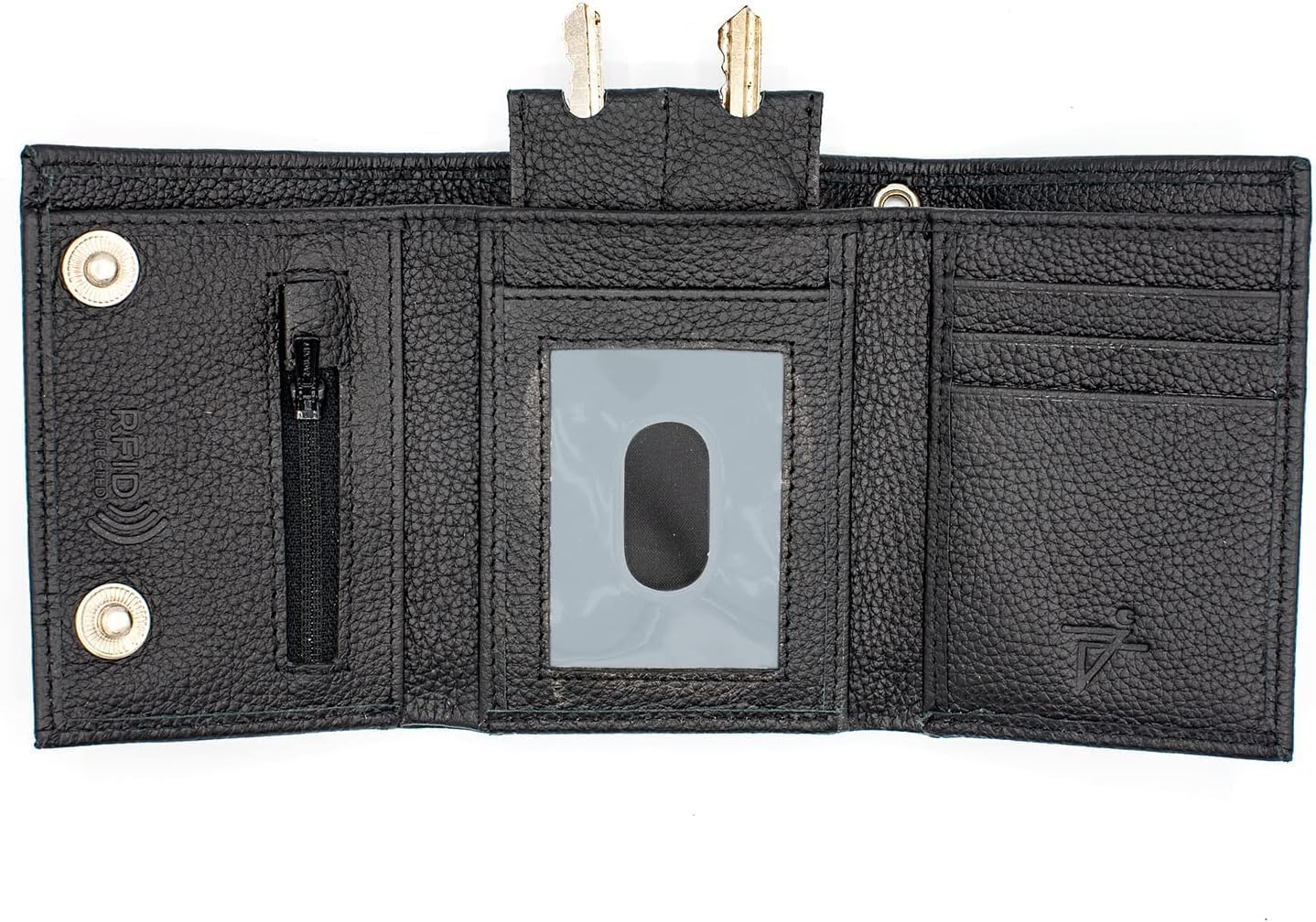 Men's Trifold Chain Wallet, Biker-High Security, ID Window, Credit Card Holder, RFID Safe Leather, YKK Zip Pocket, Snap Closer, Designed in USA, Black J110EH, With Zip Pocket