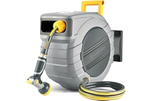 GLAHODEN Retractable Garden Hose Reel 1/2 in x 115 ft, 2025 Upgraded Dual Ratchet Lock UV & Freeze Protection Brass Seal Slow Retraction Anti-Tangle Hose 180°Swivel Reinforced Scaffold Wall Mount