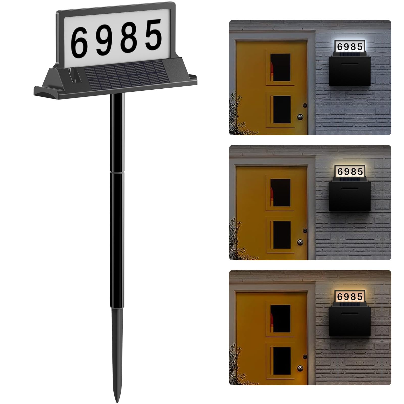 Photo 1 of Solar Address Sign for House Numbers – Double-Sided LED Address Plaque with Magnetic Mount, Wall Mount & In-Ground, 3-Color Light Modes, IP65 Waterproof, Solar Powered for Yard, Garden, Mailbox