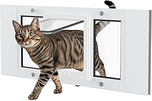SAKSUN Cat Door for Window Weatherproof: Aluminum Frame Flap Pet Door Quick Fit Window Insert - Easy Adjustable to Fit Windows Width 27"-32" - 4 Secure Lock Modes with Magnetic Closure for Dog Cats