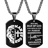 Bozidol Christian Gifts for Men, Black Man of God Cross Dog Tag Necklace, 1 Timothy 6:11 Bible Verse Pendant with Chain Necklace, Religious Baptism Confirmation Father Pastor Appreciation Gifts