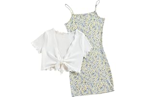 OYOANGLE Girl's 2 Piece Outfits Floral Print Sleeveless Cute Cami Dresses and Short Sleeve Lettuce Trim Tie Front Top Sets