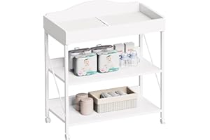 Yetom Baby Changing Table, Diaper Changing Station with Pad and Wheels, Two-Tier Open Storage Shelves, Waterproof Diaper pad & Safety Strap, Compact Baby Furniture for Nursery, White