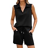 Glamaker Womens Two Piece Short Sets Summer V Neck Travel Outfits Sweatsuits Sleeveless Lounge Sets Tracksuit