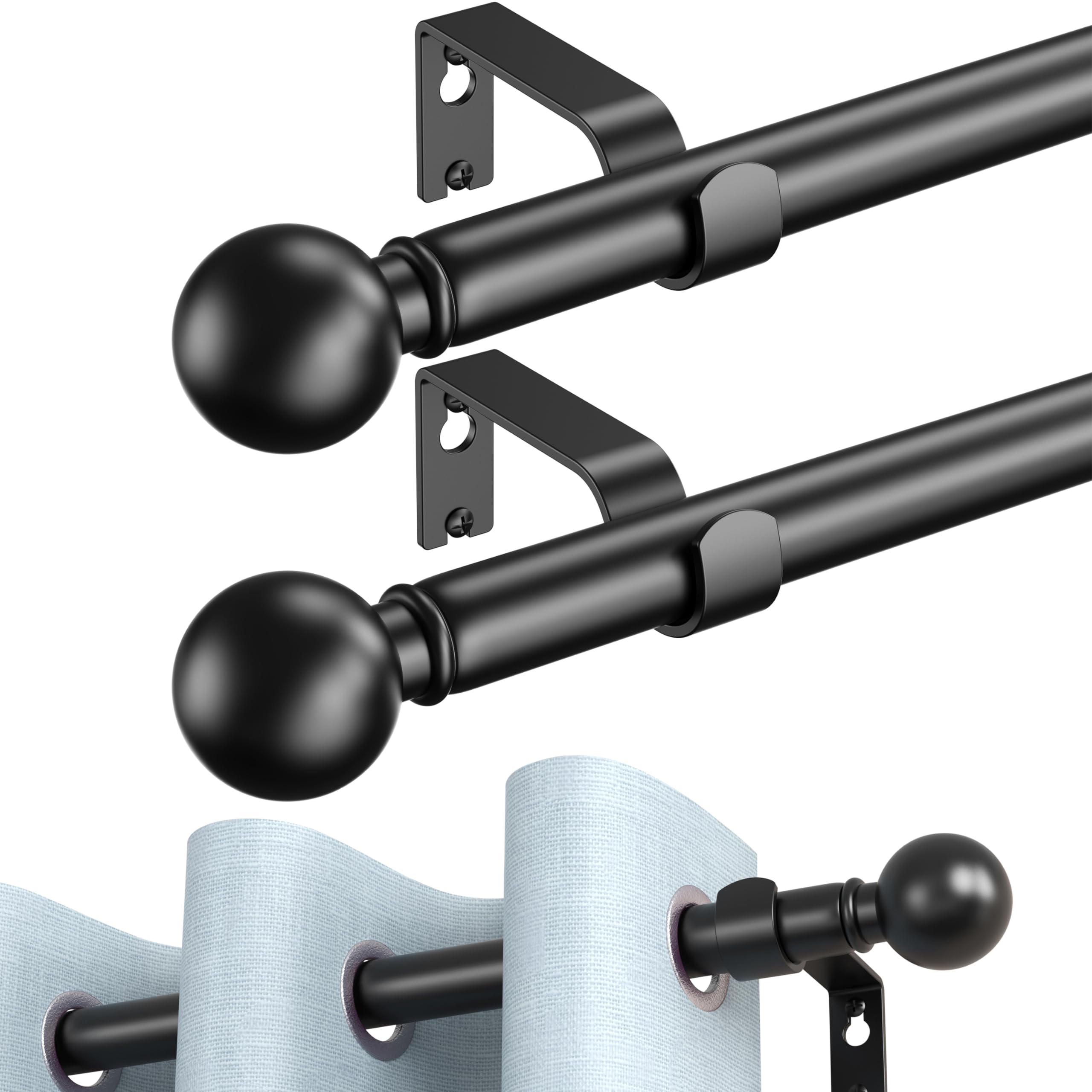 Photo 1 of 2 Pack Curtain Rods for Windows 18 to 32 Inches, Adjustable Length, 6/8 Inch, 100% Mental, Matte Black, Never Bend, Thick Strong Telescoping Single Drapery Rod