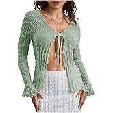 Milumia Women's Y2K Textured Tie Front Sheer Cardigan Lettuce Trim Long Sleeve Rave Top Cover Ups