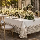 ARTABLE Beige Lace Rectangle Tablecloth Macrame Embroidered 52 x 70 Inch | Macrame embroidered lace tablecloth for dining kitchen wedding holiday farmhouse tables in round rectangle and oval sizes