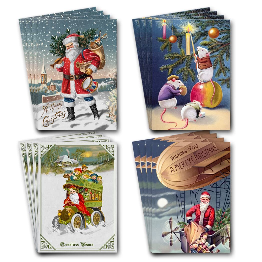 Christmas Card Pack of 16 - Beautiful Vintage Assortment (4 Designs) - Unusual Unique Cute Cool Bulk Xmas Greetings - Old Santa Animals - Quality Self-Seal Envs - Eco Friendly - Made in UK - 105x148mm